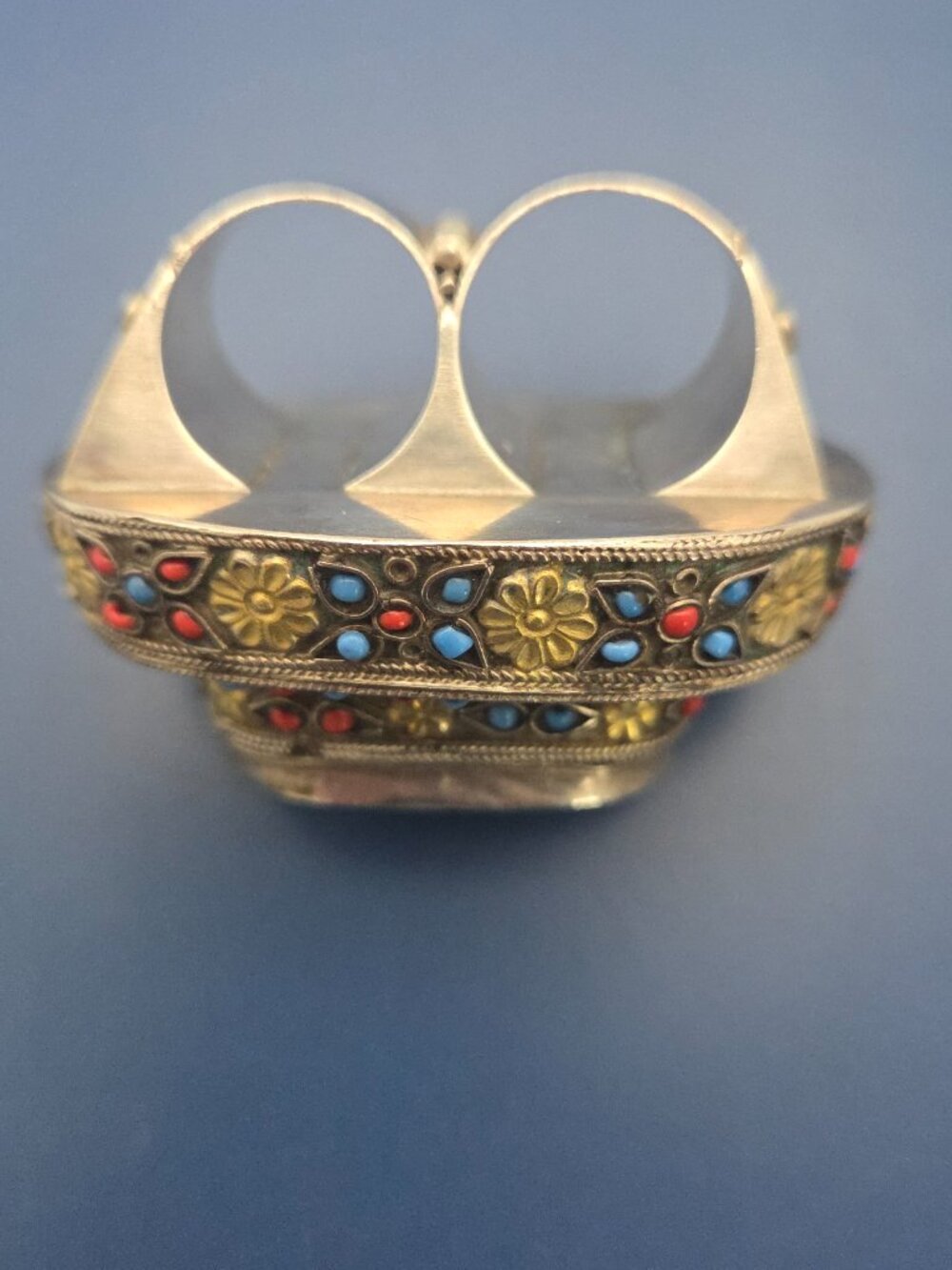 Vintage Turkmen Double Finger Ring Central Asian Tribal Silver Turquoise Coral - Picture 11 of 13